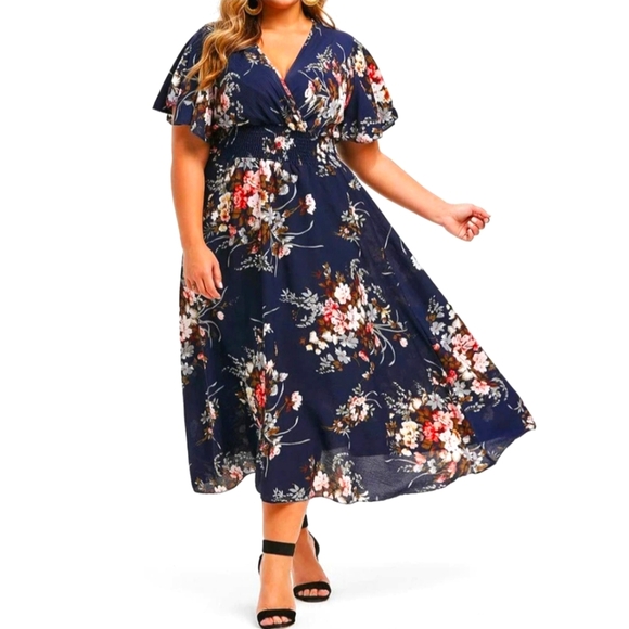 Rosegal Dresses & Skirts - Rosegal Navy Floral Flutter Sleeve Faux Wrap Maxi Dress Size 22 NWOT